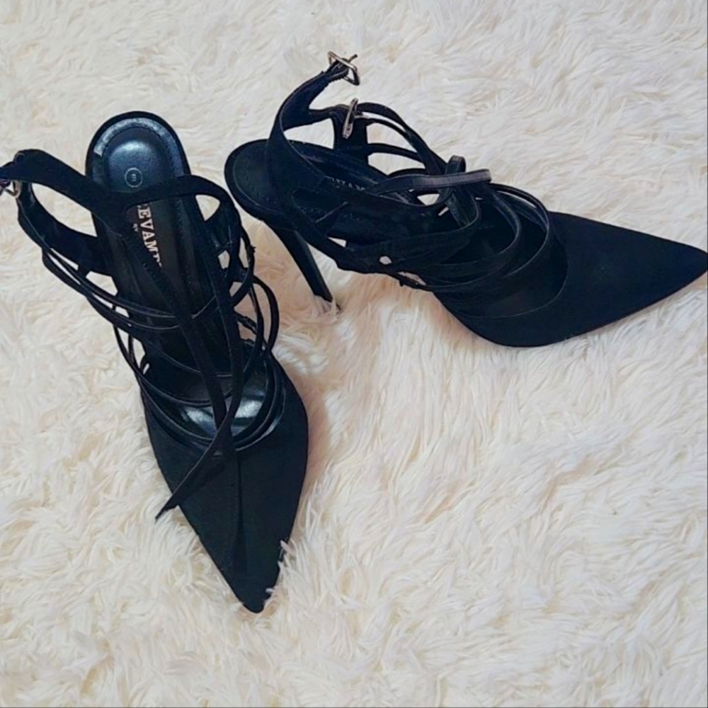 Revamped faux suede, black pumps. 4.5 inches heels. US size 8